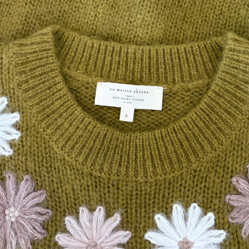 SÉZANE La Maille Sezane Suzon Jumper Sweater Olive Floral Embroidered Large - Picture 12 of 15